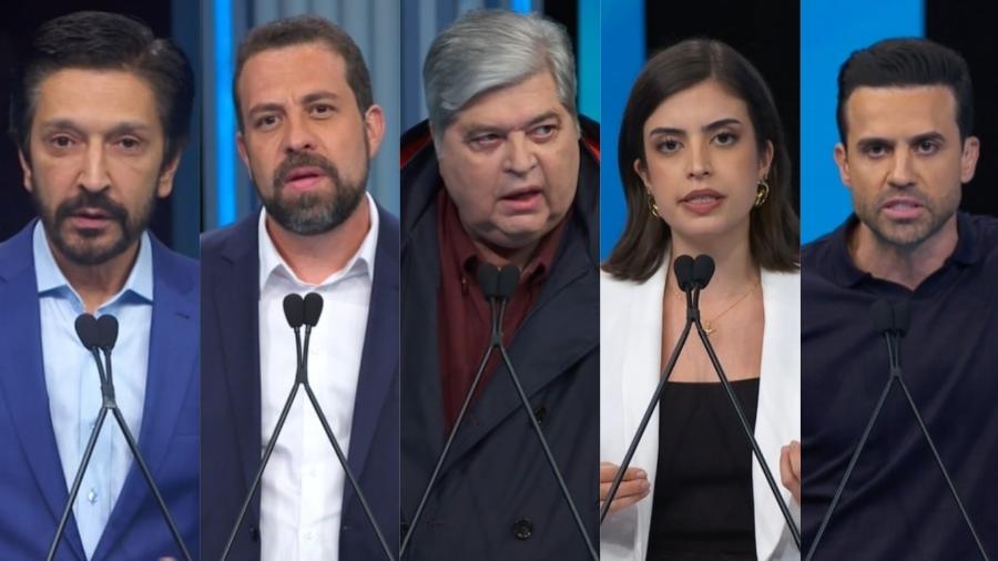 Ricardo Nunes, Guilherme Boulos, José Luiz Datena, Tabata Amaral e Pabo Marçal em debate da Globo - Reprodução/TV Globo