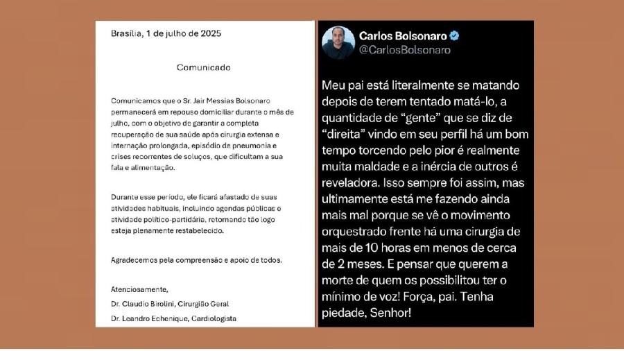 Nota dos médicos de Bolsonaro anunciando seu afastamento e o tuíte de Carlos acusando a existência de direitistas que querem seu pai morto Nota dos médicos de Bolsonaro anunciando seu afastamento e o tuíte de Carlos acusando a existência de direitistas que querem seu pai morto