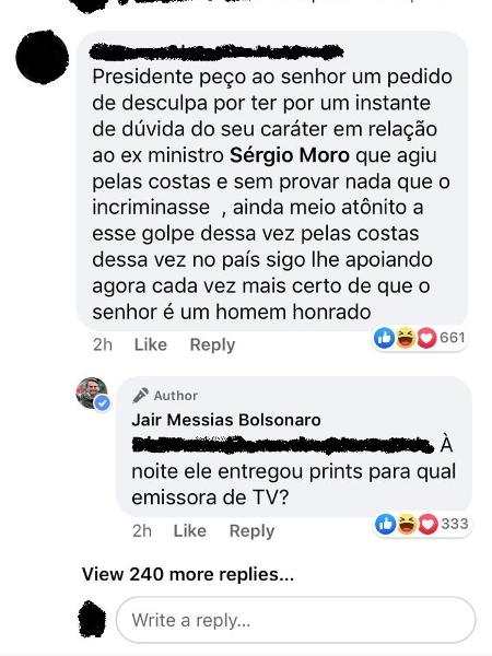 Print com resposta de Bolsonaro a seguidor - Reprodução/Facebook