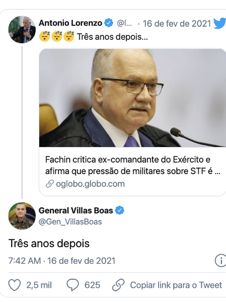 Retweet do General Villas Bôas - reprodução Twitter