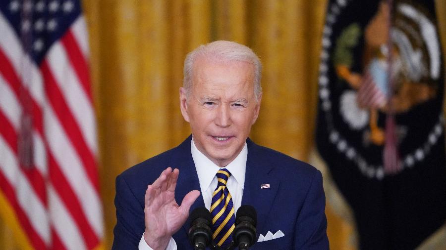 19.jan.2022 - O presidente dos Estados Unidos, Joe Bide, durante coletiva de imprensa na véspera de seu primeiro ano no cargo - Mandel Ngan/AFP