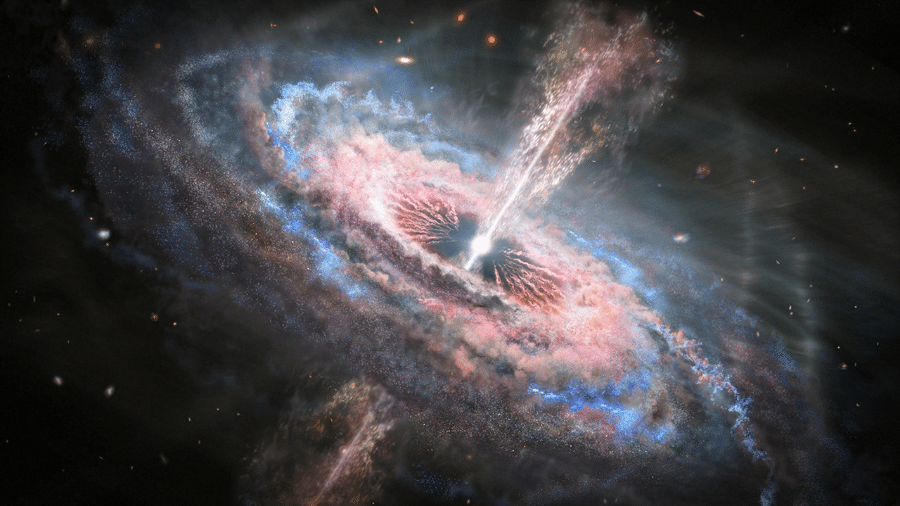 Ilustração de uma quasar liberando um jato quente e radioativo para o universo - Nasa, ESA e J. Olmsted (STScI)