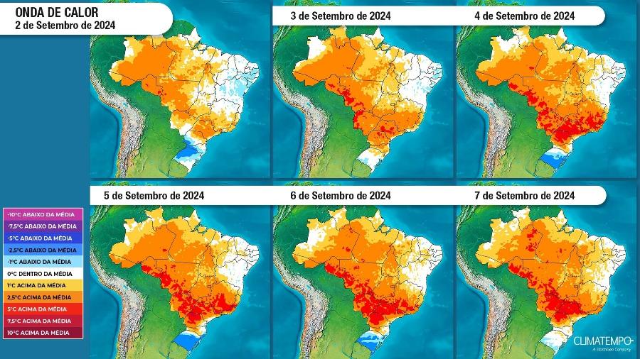 Mapas meteorológicos da Climatempo mostram o avanço da mancha vermelha de calor sobre o Brasil