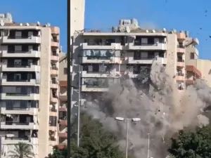 Vídeo mostra míssil israelense derrubando prédio residencial em Beirute