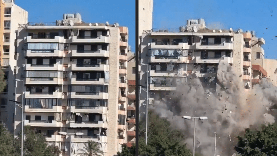 Um vídeo divulgado nas redes sociais mostra o momento em que um míssil lançado por Israel atinge um prédio residencial no Líbano - Reprodução/X/@fuky0rign0rance