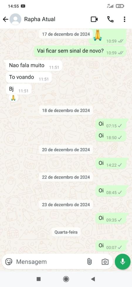 Mensagens da ex-esposa do piloto não foram recebidas a partir do dia 17 de dezembro