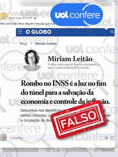 22.mai.2025 - Texto que circula nas redes sociais não foi escrito por Miriam Leitão - Arte/UOL Confere sobre reprodução/Facebook