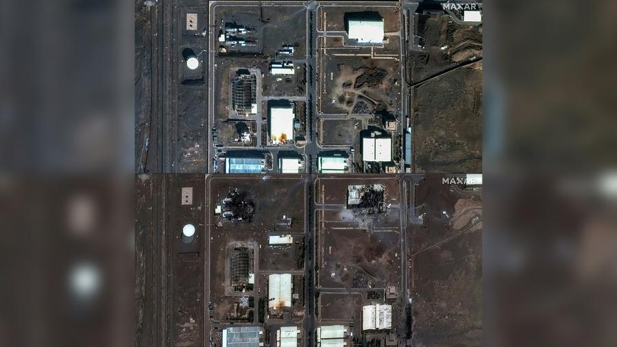 Imagens de satélite mostram a usina de Natanz antes e depois dos ataques israelenses em 13 de junho de 2025 - Stephen A. Wood / AFP PHOTO / Satellite image ©2021 Maxar Technologies
