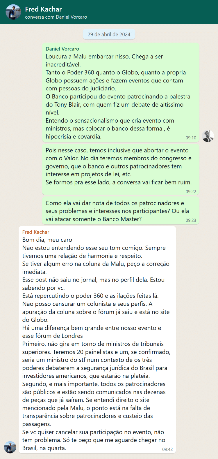 Conversa entre Daniel Vorcaro e Frederic Kachar sobre Coluna da Malu Gaspar