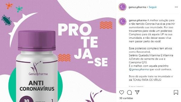 Fármacia em João Pessoa anunciou remédio "anticoronavírus" em seu perfil no Instagram - Divulgação/Ministério Público