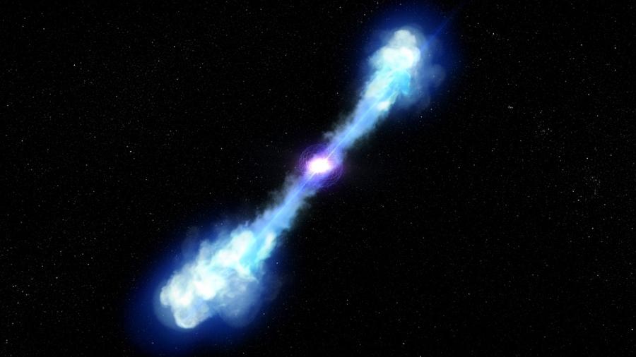 Representação artística de uma kilonova deixada pela colisão de duas estrelas de nêutrons formando um magnetar - D. Player/STScI/NASA/ESA