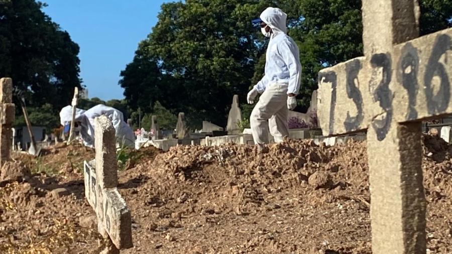 1º.abr.2021 - Coveiros se paramentam para fazer sepultamento no cemitério do Caju, no Rio - Herculano Barreto Filho/UOL