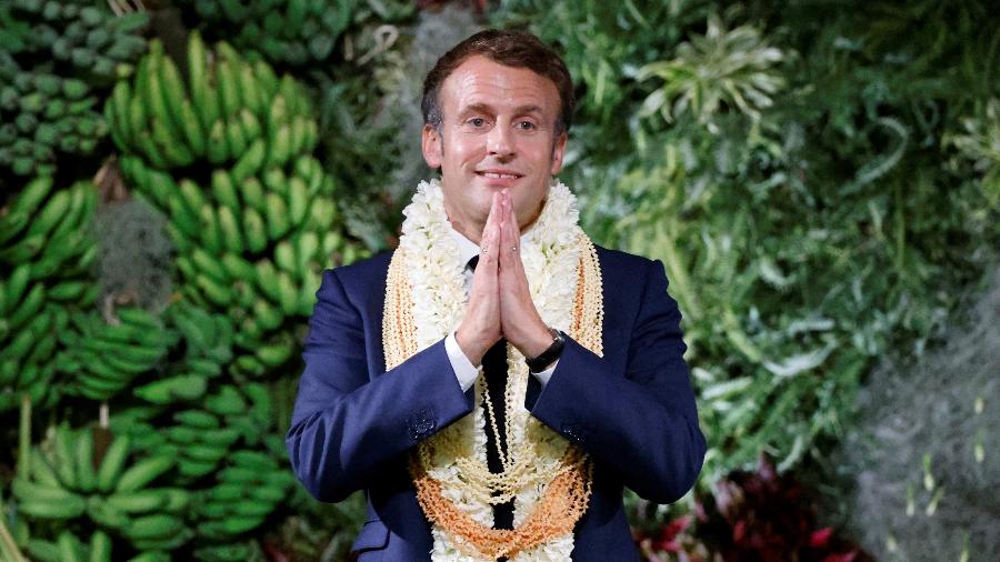 27.jul.2021 - O presidente francês Emmanuel Macron após discurso em Papeete, na Polinésia Francesa - Ludovic Marin/AFP