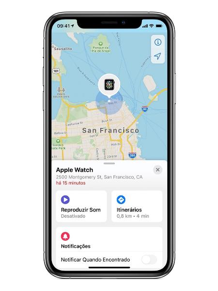 Interface do app Buscar, do iPhone, mostrando a localização de um Apple Watch - Divulgação - Divulgação