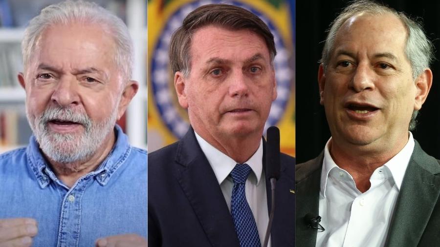 O ex-presidente Lula, o presidente Jair Bolsonaro e o ex-ministro Ciro Gomes, candidatos à Presidência - Reprodução e Pedro Ladeira/Folhapress