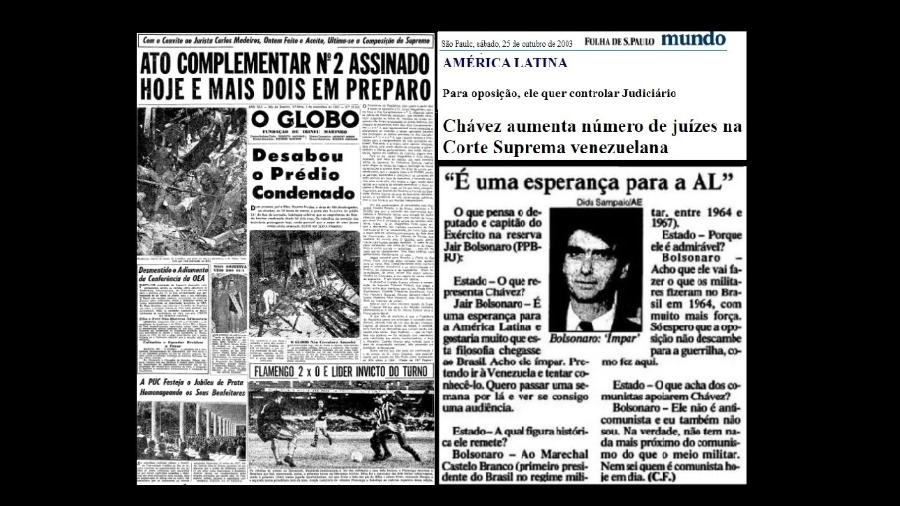 Decretação do AI-2 no Brasil, interferindo no número de ministro do STF em 1965, entre outras arbitrariedades; Chávez na Venezuela a fazer o mesmo em 2003 e o elogio de Bolsonaro ao ditador em 1999 - REprodução