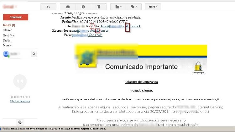 Campanha de phishing de 2014 se passando pelo Banco do Brasil; texto está cheio de erros de concordância como "seus dados encontram-se pendente"