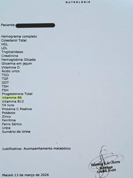 Lista com 27 exames pedidos pela falsa médica a um paciente, em Maceió Lista com 27 exames pedidos pela falsa médica a um paciente, em Maceió