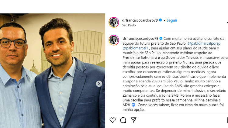 Francisco Cardoso anunciou apoio a Pablo Marçal em publicação nas redes sociais