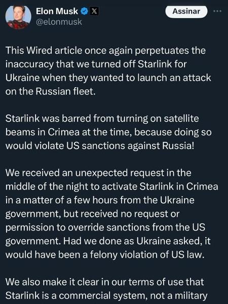 Post em que Musk dá explicações sobre Starlink ter derrubado internet na Ucrânia em meio a guerra com Rússia