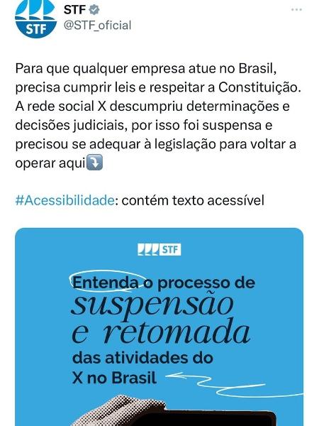 Postagem do STF após a volta do X Postagem do STF após a volta do X