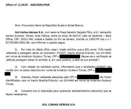Resposta da Gol à PGR sobre passagem aérea de Anderson Torres; trecho foi incluído nas alegações finais da ação da trama golpista