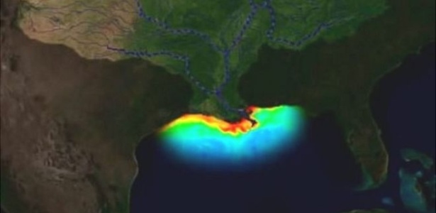 Golfo do México é cercado pelas costas de Cuba, Estados Unidos e México. A "zona morta" fica na foz do rio Mississipi, perto de Nova Orleans - Lumcon