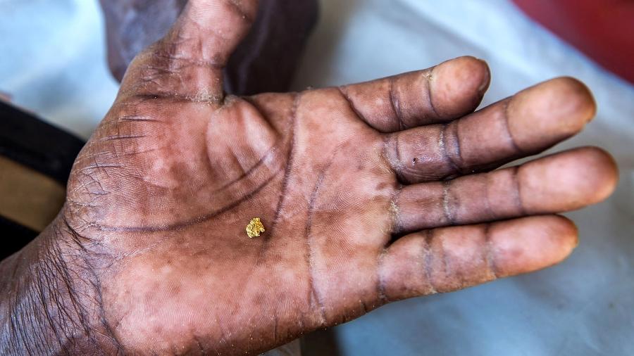 Garimpeiro Luis Aragão Baldez, 52, exibe pequena pedra de ouro na palma de sua mão - Lilo Clareto/Repórter Brasil 