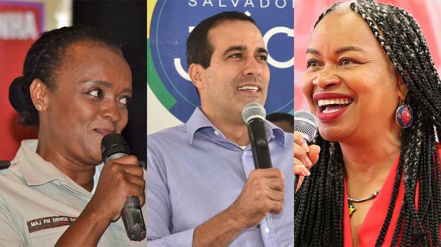 Major Denice (PT), Bruno Reis (DEM) e Olivia (PCdoB), candidatos à Prefeitura de Salvador - Arte UOL