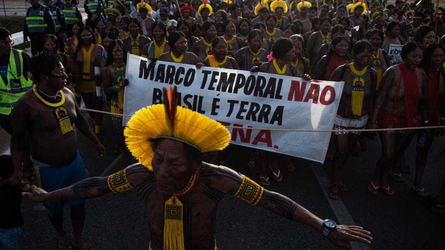 Indígenas de vários povos fazem acampamento para protestar contra o marco temporal - Matheus W Alves/Futura Press/Estadão Conteúdo