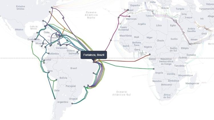 Mapa mostra cabos que chegam a Fortaleza