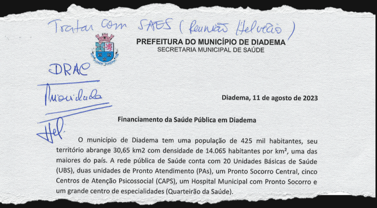 Pedido de verbas feito por Diadema com a palavra "prioridade" escrita à caneta