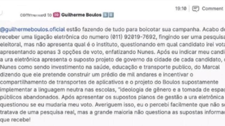 Denúncia em rede social de Guilherme Boulos sobre pesquisa falsa por telefone