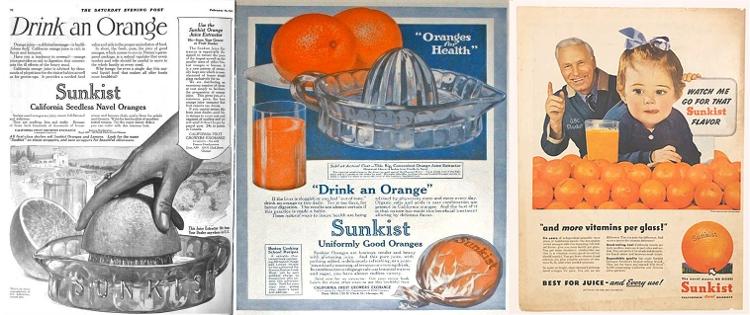 Evolução das campanhas da Sunkist; a primeira "Drink an Orange" ('Beba uma laranja') criada por Lasker é um marco e criou um hábito para os americanos Evolução das campanhas da Sunkist; a primeira "Drink an Orange" ('Beba uma laranja') criada por Lasker é um marco e criou um hábito para os americanos