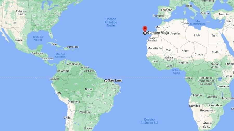 Vulcão em La Palma, na Espanha, fica a 4,4 mil km de São Luís - Reprodução Google