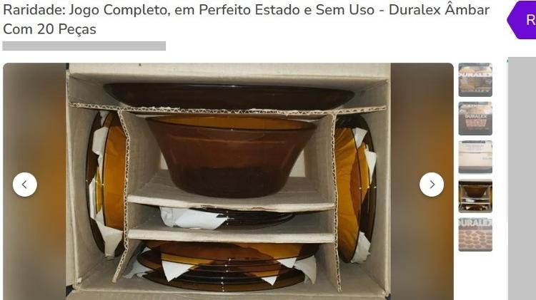 Jogo completo com 20 peças Duralex âmbar é anunciado em site de vendas online por R$ 2.000