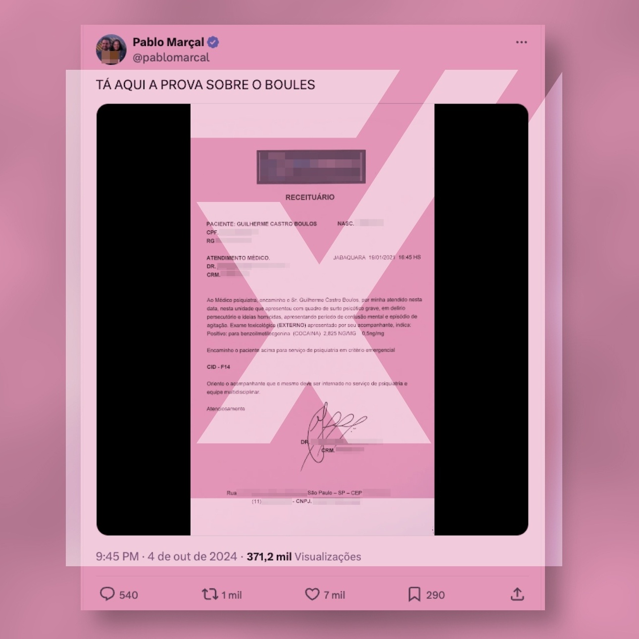 É falso documento usado por Marçal para alegar que Boulos usou droga