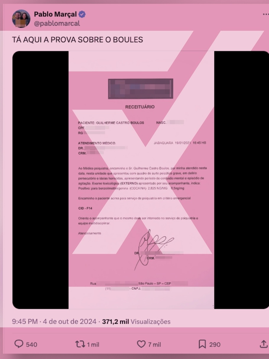 É falso documento usado por Marçal para alegar que Boulos usou droga