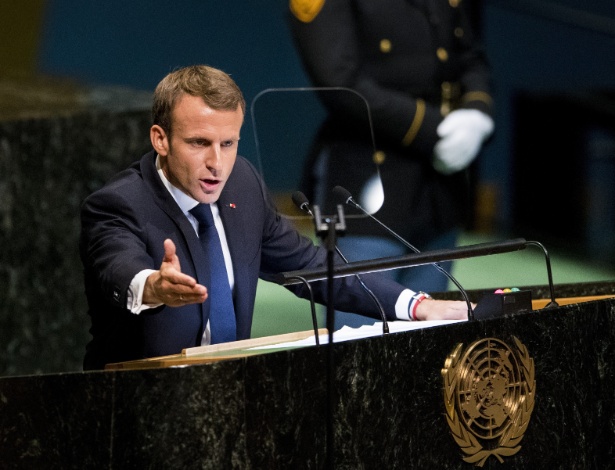 O presidente da França, Emmanuel Macron em seu discurso durante a Assembleia-Geral da ONU - Wang Ying