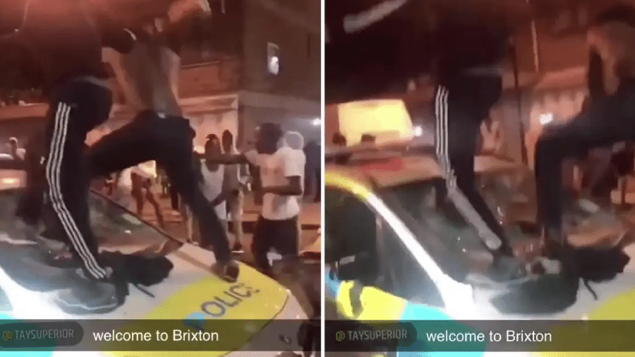 Imagens feitas divulgadas em redes sociais mostram participantes da festa destruindo carros de polícia - Reprodução