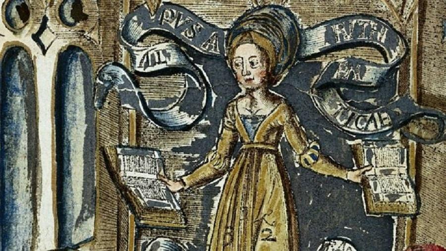A Dama da Aritmética em uma xilogravura colorida à mão de "Margarita Philosophica" ("A Pérola Filosófica"), de Gregor Reisch (1467? -1525) - Getty Images via BBC
