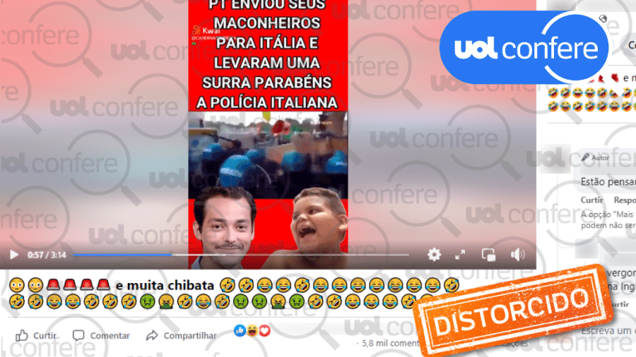 27.set.2022 - Vídeo antigo de confronto entre polícia italiana e manifestantes anti-Bolsonaro é compartilhado no Facebook sem contexto - Arte/UOL sobre Reprodução/Facebook