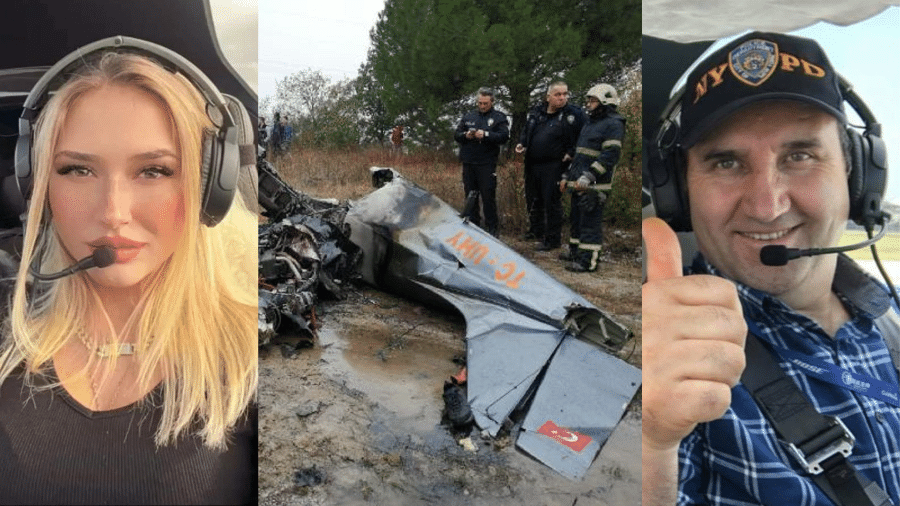 A passageira Burcu Saglam e o piloto Hakan Koksal morreram durante acidente. A aeronave ficou completamente destruída após atingir a fiação elétrica na Turquia. - Reprodução/Redes Sociais