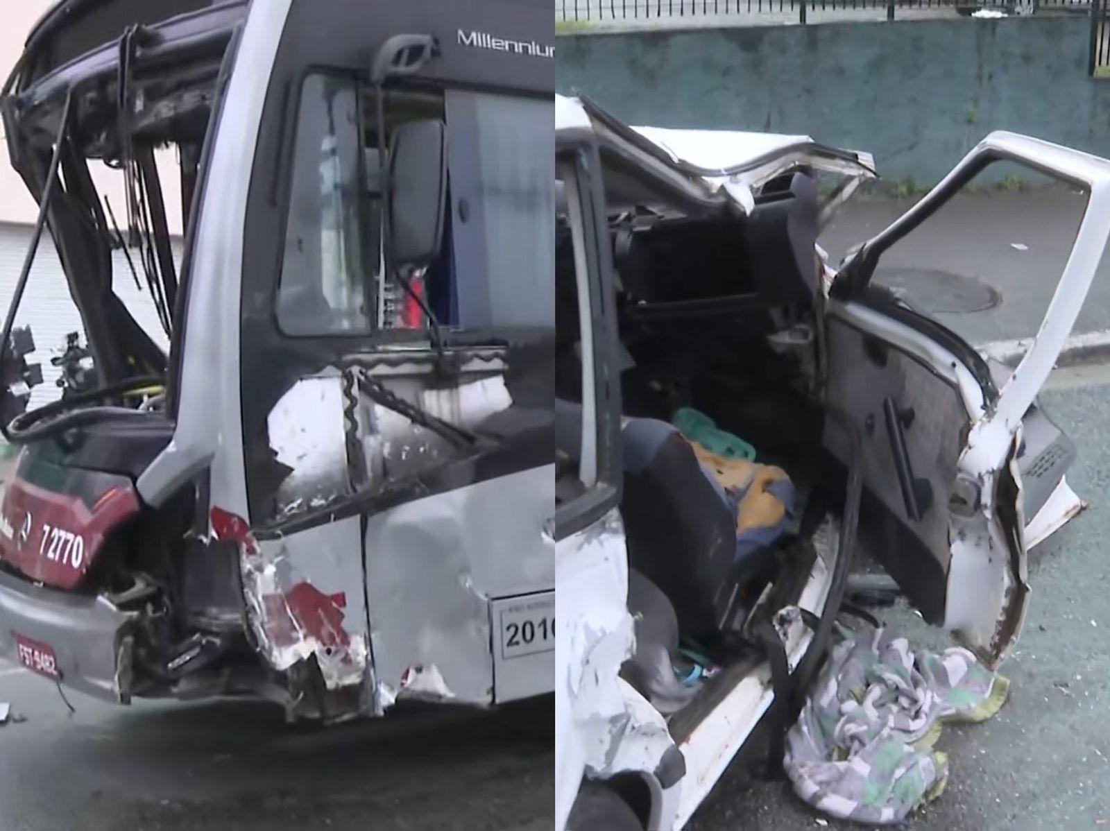 Ônibus e carro ficaram destruídos após colisão na Estrada de Itapecerica, na zona sul de São Paulo - undefined