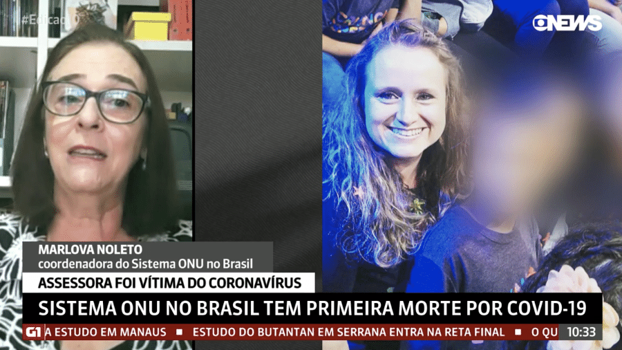 Marlova Noleto, coordenadora do Sistema ONU no Brasil, se emociona ao lembrar de colega Luciana Mendes Amorim - Reprodução/GloboNews