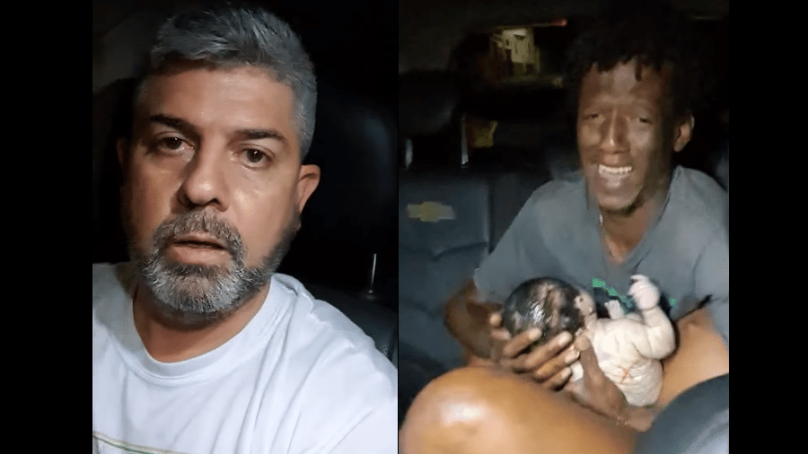 O taxista Marcelo Fraga da Silva e o pai da pequena Nicole, muito emocionado após o parto da filha - Reprodução/Facebook