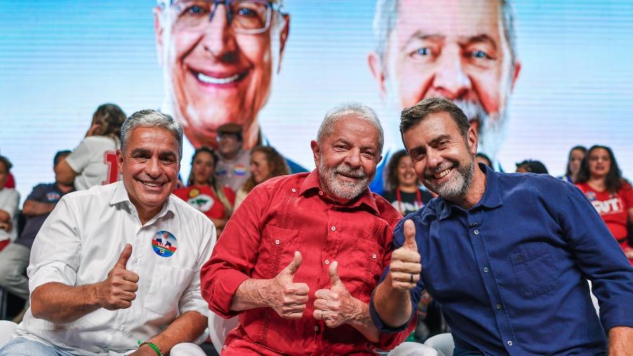 André Ceciliano (PT), Lula (PT) e Marcelo Freixo (PSB), durante a campanha eleitoral do ano passado - Foto: Ricardo Stuckert/08.set.2022 