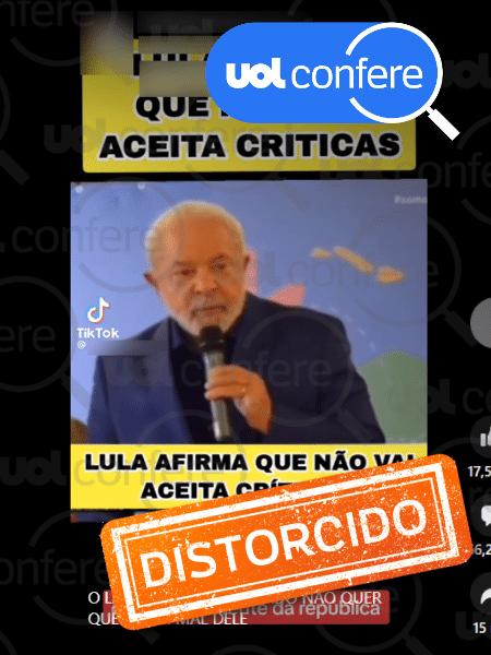 03.jul.2023 - Na íntegra da fala de Lula é possível entender que ele, na verdade, defende críticas ao governo para a manutenção da democracia - Arte/UOL sobre Reprodução/Facebook