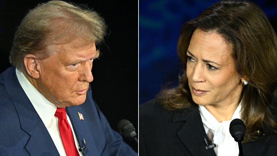 10.set.2024 - O ex-presidente Donald Trump e a vice-presidente Kamala Harris durante debate na ABC News - Saul Loeb/AFP