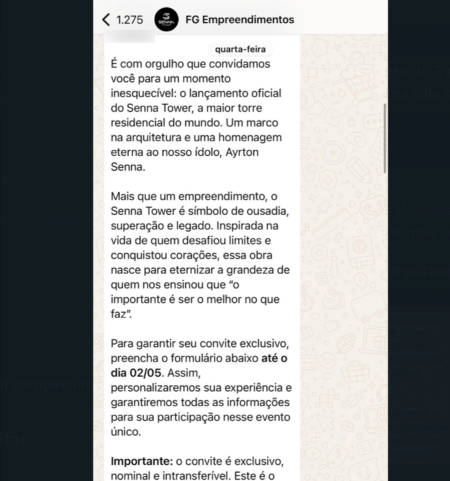 Corretores de imóveis receberam convites por WhatsApp para lançamento do Senna Tower. Apenas os profissionais que negociaram unidades foram convidados. Corretores de imóveis receberam convites por WhatsApp para lançamento do Senna Tower. Apenas os profissionais que negociaram unidades foram convidados.